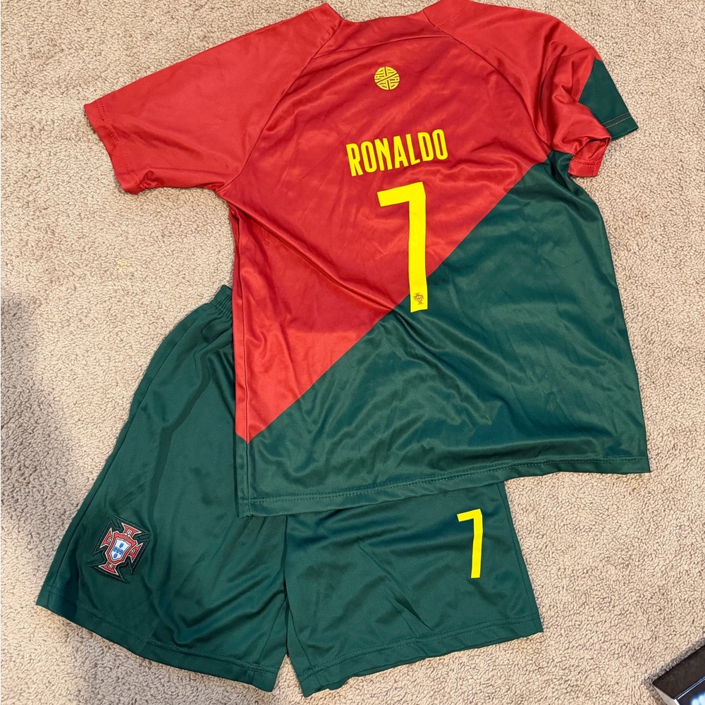 Ronaldo Red and Green Soccer Jersey and Shorts Set